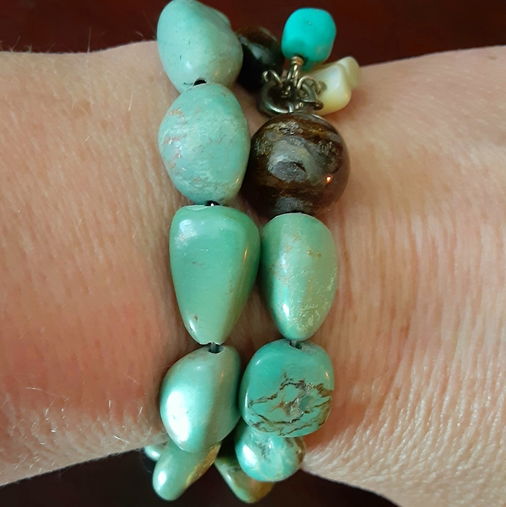Amazonite, stone, and glass beaded SS wire bracelet
